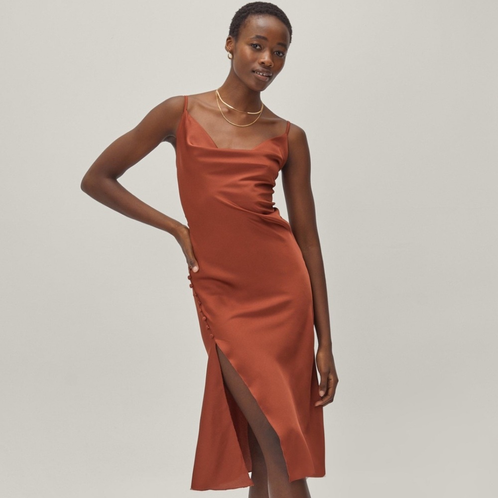 Satin button slip midi dress brown nasty gal